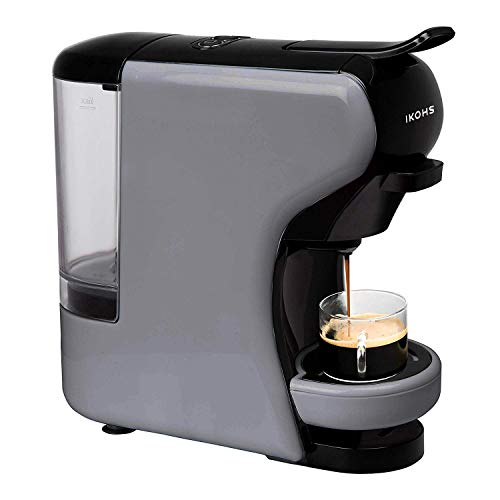 IKOHS Máquina de Café Espresso Italiano - Cafetera Multi Cápsulas Compatible Nespresso 3 en 1, 19 bares con 2 Programas de Café, deposito extraíble, 0,6 L, compacto, 1450 W, apagado automático Gris