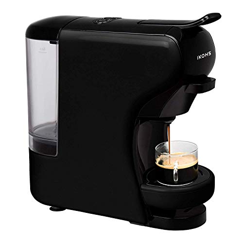 IKOHS Máquina de Café Espresso Italiano - Cafetera Multi Cápsulas Compatible Nespresso 3 en 1, 19 Bares con 2 Programas de Café, deposito extraíble, 0,6 L, Compacto, 1450 W, Apagado automático Negro