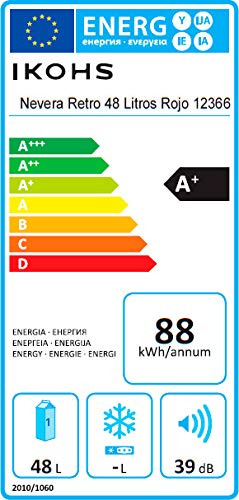 IKOHS Retro Fridge - Frigorífico con diseño, Control de Temperatura Ajustable, Estantes Intercambiables, Estética Vintage de los años 50, Clase Energética A+ (Rojo, 50 cm)