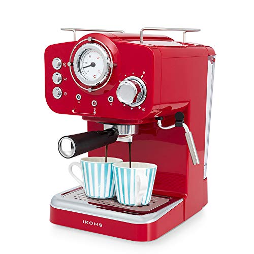 IKOHS THERA Retro - Cafetera Express para Espresso y Cappucino, 1100W, 15 Bares, Vaporizador Orientable, Capacidad 1.25l, Café Molido y Monodosis, con Doble Salida (Rojo)