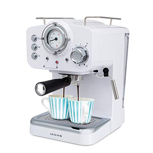 IKOHS THERA Retro - Cafetera Express para Espresso y Cappucino, 1100W, 15 Bares, Vaporizador Orientable, Capacidad 1.25l, Café Molido y Monodosis, con Doble Salida (Blanco)