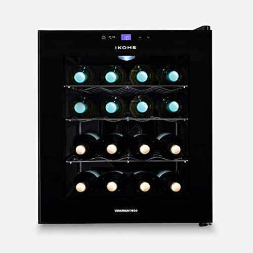 IKOHS VINARIAM 1600 - Vinoteca de 16 botellas, 46 l, 70 W, Luz LED, Display Digital, 3 Estantes, Doble Aislamiento, Zonas de temperatura de 11-18 grados, Baldas Acero Inoxidable