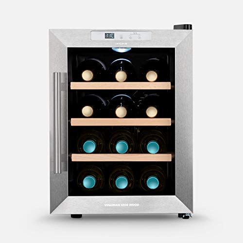 IKOHS VINARIAM WOOD 1200 - Vinoteca de 12 botellas, 33 l, 70 W Luz LED, Display Digital, 3 Estantes, Doble Aislamiento, Zonas de temperatura de 11-18 grados, Baldas Madera