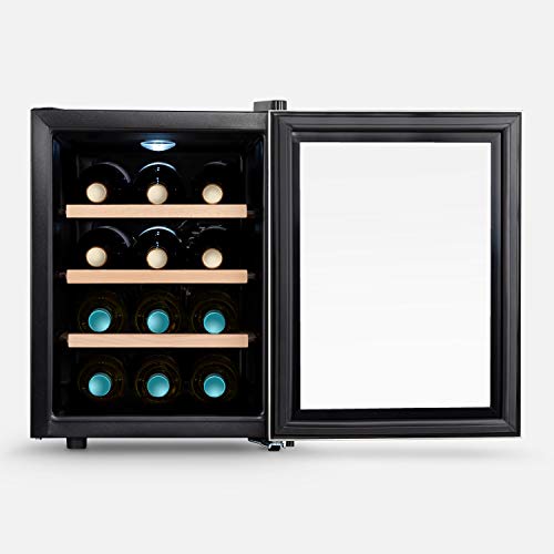 IKOHS VINARIAM WOOD 1200 - Vinoteca de 12 botellas, 33 l, 70 W Luz LED, Display Digital, 3 Estantes, Doble Aislamiento, Zonas de temperatura de 11-18 grados, Baldas Madera