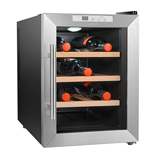 IKOHS VINARIAM WOOD 1200 - Vinoteca de 12 botellas, 33 l, 70 W Luz LED, Display Digital, 3 Estantes, Doble Aislamiento, Zonas de temperatura de 11-18 grados, Baldas Madera