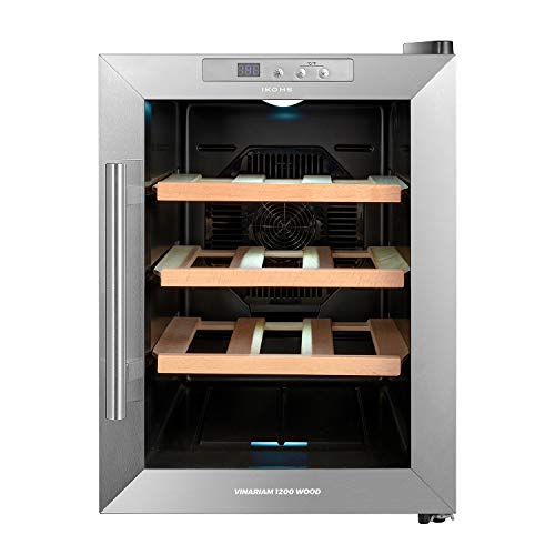 IKOHS VINARIAM WOOD 1200 - Vinoteca de 12 botellas, 33 l, 70 W Luz LED, Display Digital, 3 Estantes, Doble Aislamiento, Zonas de temperatura de 11-18 grados, Baldas Madera