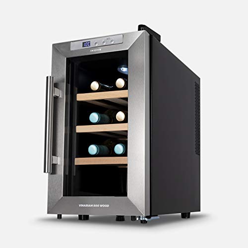 IKOHS VINARIAM WOOD 800 - Vinoteca de 8 botellas, 23 l, 60 W, Luz LED, Display Digital, 3 Estantes, Doble Aislamiento, Zonas de temperatura de 8-18 grados, Baldas Acero Inoxidable