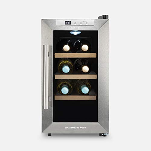 IKOHS VINARIAM WOOD 800 - Vinoteca de 8 botellas, 23 l, 60 W, Luz LED, Display Digital, 3 Estantes, Doble Aislamiento, Zonas de temperatura de 8-18 grados, Baldas Acero Inoxidable