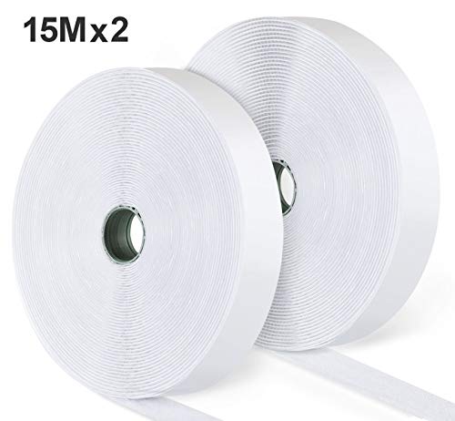 ilauke 15M Hook y Loop Auto Adhesivo Cinta Rollo Hook and Loop Tape Gancho y Bucle(Blanco)