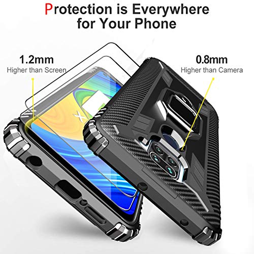 IMBZBK Funda para Xiaomi Redmi Note 9 + [2 Pack] Protector Pantalla Xiaomi Redmi Note 9 Cristal Templado,[Soporte Giratorio de 360 Grados con Anillo de Dedo][Grado Militar Anti-Golpe] TPU Silicona