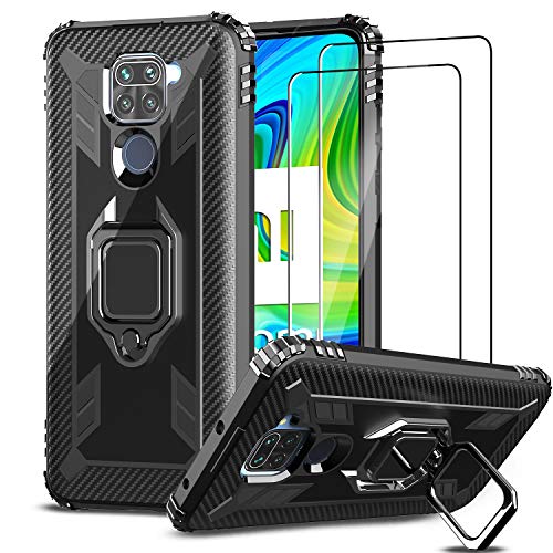 IMBZBK Funda para Xiaomi Redmi Note 9 + [2 Pack] Protector Pantalla Xiaomi Redmi Note 9 Cristal Templado,[Soporte Giratorio de 360 Grados con Anillo de Dedo][Grado Militar Anti-Golpe] TPU Silicona