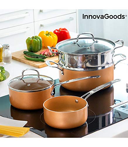 InnovaGoods IG813918 Batería de Cocina con Vaporera Copper-Effect (6 Piezas), aluminio, acero inoxidable y vidrio