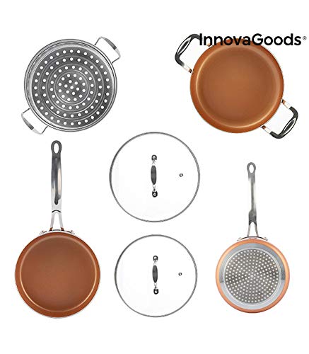 InnovaGoods IG813918 Batería de Cocina con Vaporera Copper-Effect (6 Piezas), aluminio, acero inoxidable y vidrio