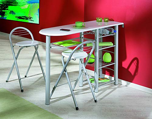 Inter Link Frolly 1 Mesa de Cocina con 2 taburetes de Bar MDF Blanco Metal Brillante Gris Plateado, Aluminio