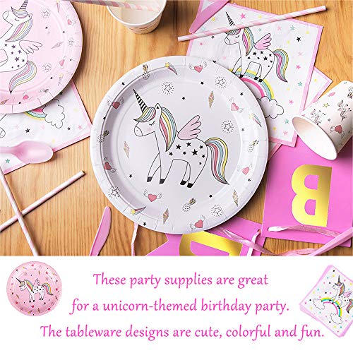 INTVN 72 pcs Vajilla de Unicornio Desechable, Suministros de fiesta de unicornio,Vasos, Platos, Servilletas, Cubiertos Vajilla de cumpleaños Infantil para Unicornio Fiesta 12 Invitados