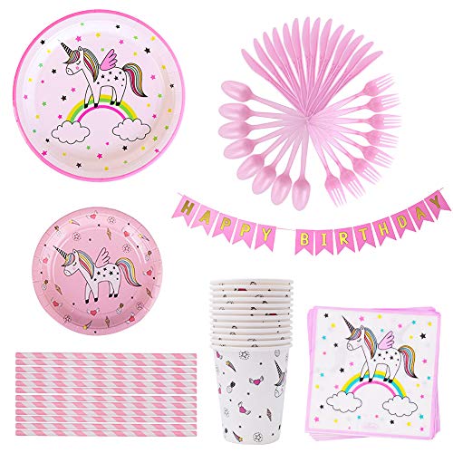 INTVN 72 pcs Vajilla de Unicornio Desechable, Suministros de fiesta de unicornio,Vasos, Platos, Servilletas, Cubiertos Vajilla de cumpleaños Infantil para Unicornio Fiesta 12 Invitados