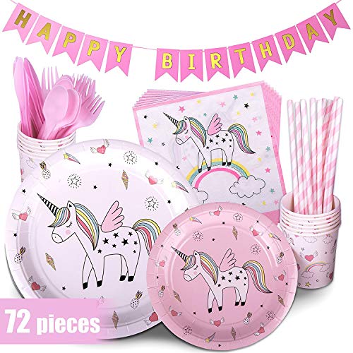 INTVN 72 pcs Vajilla de Unicornio Desechable, Suministros de fiesta de unicornio,Vasos, Platos, Servilletas, Cubiertos Vajilla de cumpleaños Infantil para Unicornio Fiesta 12 Invitados