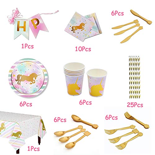 INTVN Vajilla de Unicornio Desechable - 67 Piezas Kit de Suministros de Fiesta de Unicornio, Vasos, Platos, Mantel, Servilletas, Cubiertos de Cumpleaños Infantil para Fiesta de Niña - 6 Invitados