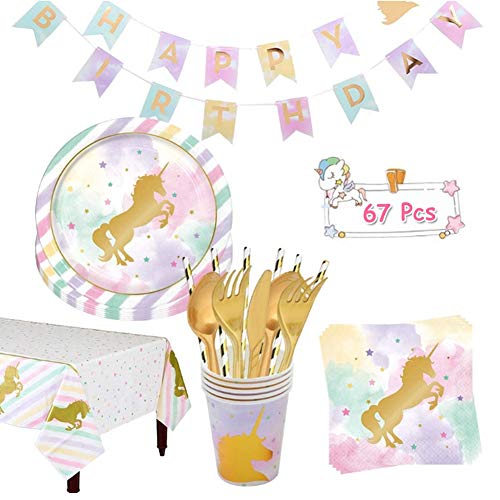 INTVN Vajilla de Unicornio Desechable - 67 Piezas Kit de Suministros de Fiesta de Unicornio, Vasos, Platos, Mantel, Servilletas, Cubiertos de Cumpleaños Infantil para Fiesta de Niña - 6 Invitados