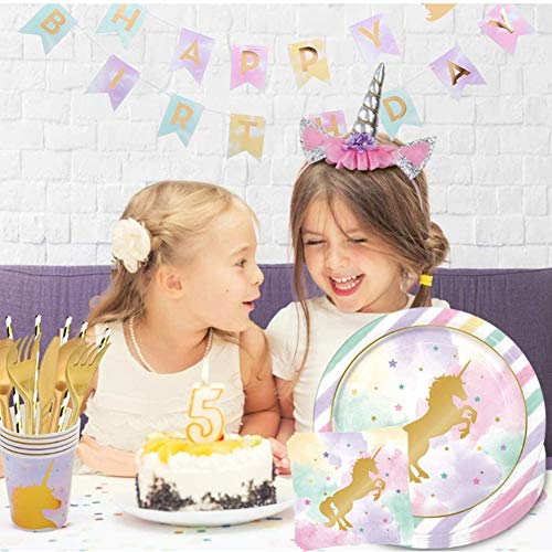 INTVN Vajilla de Unicornio Desechable - 67 Piezas Kit de Suministros de Fiesta de Unicornio, Vasos, Platos, Mantel, Servilletas, Cubiertos de Cumpleaños Infantil para Fiesta de Niña - 6 Invitados