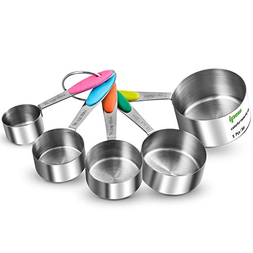 Ipow Juego de 5 Cucharas Medidoras de Acero Inoxidable, Taza de Medición con Manilla Silicona para Cocina y Hogar