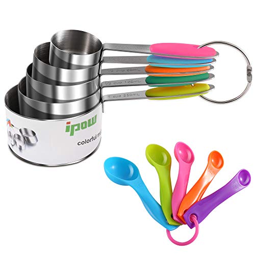 Ipow[10 PCS] - Set de Acero Inoxidable Tazas y Cucharas medidoras para Cocina Cucharas Hogar