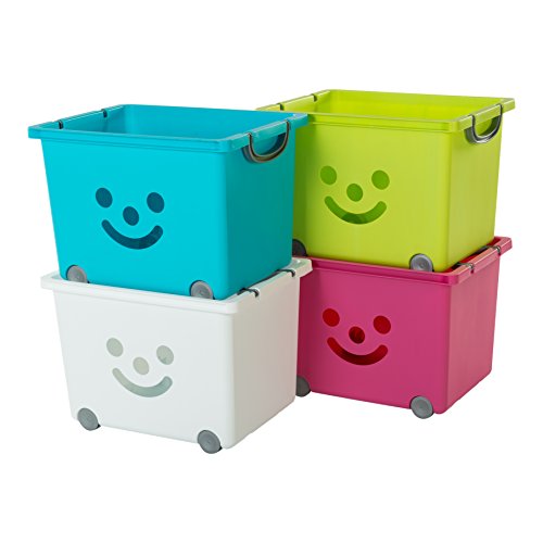 Iris Ohyama, lote de 2 cajas grandes de almacenamiento de juguete sobre ruedas - Smiley Kids Boxes - KCB-43, blanco/plata, 34 L, 43,5 x 32,5 x 31,5 cm