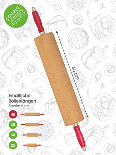 isenberg® - Rodillo de Madera Profesional - Hecho de una Pieza de Madera de Haya - Apoyado por rodamientos de Bolas (Rodillo de Pasta, Rodillo de Pasta, Rodillo de Masa) 40 cm Haya