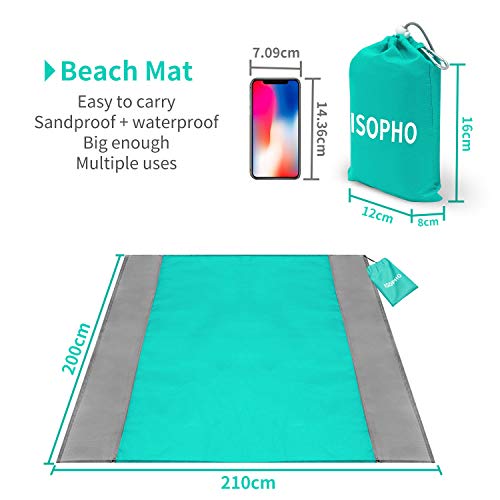 ISOPHO Alfombra de Playa Esterilla Playa, Manta Picnic Impermeable Manta de Picnic 210 X 200cm Manta de Playa con 4 Clavos Fijos, Alfombra de Picnic Bordes Reforzados para la Playa, Camping, y Picnic