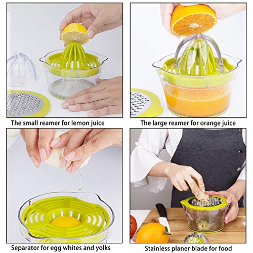 IZSUZEE Exprimidor Zumo Manual, Exprimidor Naranjas Profesional de Plástico 4 en 1, Esprimidores Exprimidora de Zumo Limon Limones Cítricos con 2 Escariadores y 400ml Peeler Container Measurement