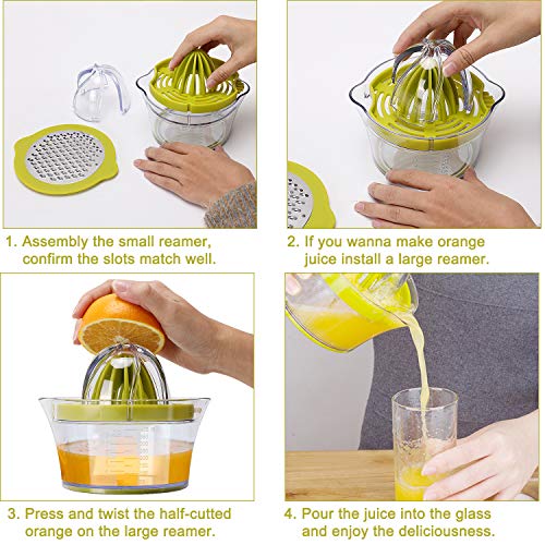 IZSUZEE Exprimidor Zumo Manual, Exprimidor Naranjas Profesional de Plástico 4 en 1, Esprimidores Exprimidora de Zumo Limon Limones Cítricos con 2 Escariadores y 400ml Peeler Container Measurement