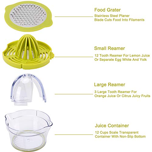 IZSUZEE Exprimidor Zumo Manual, Exprimidor Naranjas Profesional de Plástico 4 en 1, Esprimidores Exprimidora de Zumo Limon Limones Cítricos con 2 Escariadores y 400ml Peeler Container Measurement