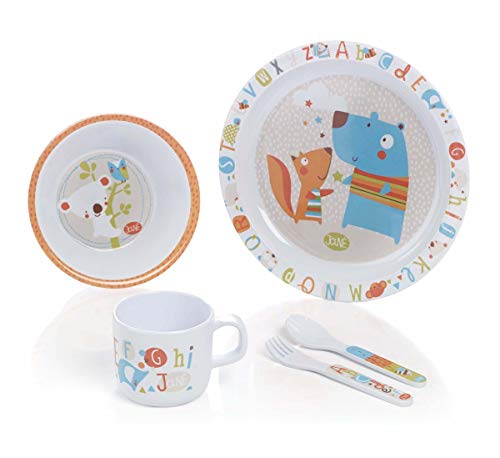 Jané Set de Vajilla, Incluye Taza, Plato, Cuenco y Cubiertos. Apto para Microondas y Lavavajillas, Ideal para Regalo