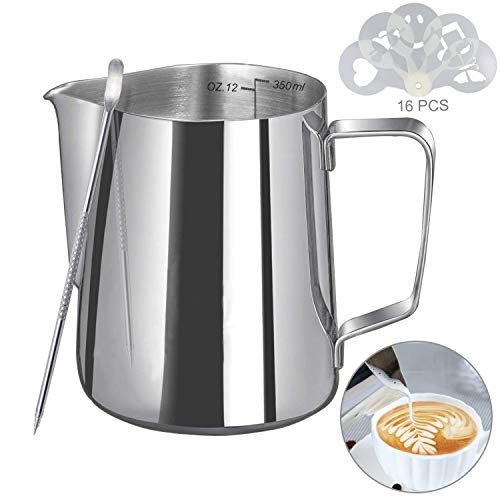 Jarra de Leche de Acero Inoxidable, 350 ml Taza de Café de Mano con Marca de Medición y Lápiz Artístico de Leche