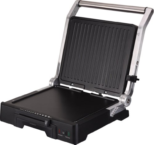 Jata GR1100 Grill de Asar Doble Línea Profesional con Placas Mixtas de 27,5 x 24 cm Antiadherente Libre de PFOA Placa Superior Ajustable 6 Posiciones Cuerpo Aluminio Fundido 2000 W