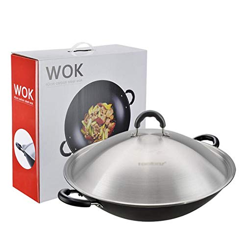 JDH Wok binaural de Hierro Fundido Antiadherente, sartén Grande para freír con Tapa de Acero, Fondo Redondo Tradicional, para Cocina de Gas de Restaurante, 15.6 Pulgadas