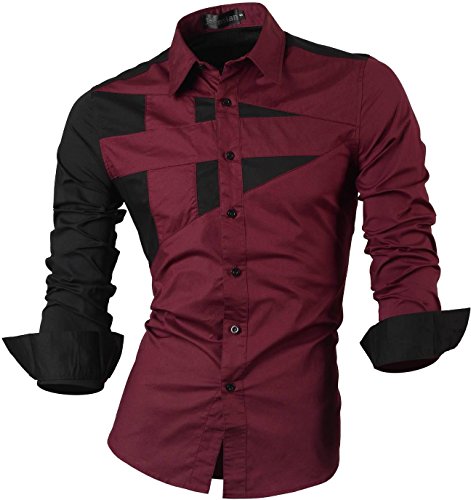 jeansian De Manga Larga De Los Hombres De Moda Slim Fit Camisas Men Fashion Shirts 8397 Winered M