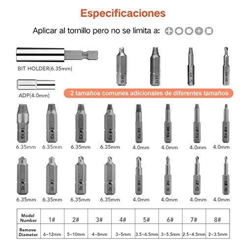 Jellas 22PCS Extractor de Tornillos, Brocas de pulido separadas y brocas de extracción, Magnetizado y Adaptador para Tornillos y Pernos Dañados Desde 2mm hasta 12mm, Dureza 64-65HRC