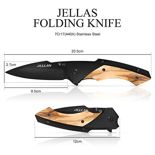 Jellas J-003 Cuchillo Plegable Supervivencia con 7CR17 Hoja de Acero Inoxidable con Afilador y Bolsa de Cinturón, Navaja Táctica al Aire Libre para la Pesca de Camping