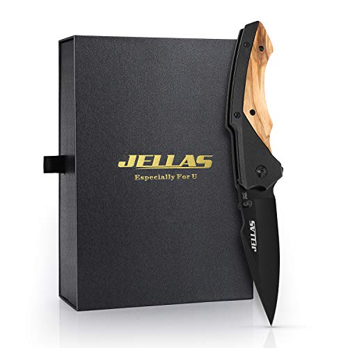 Jellas J-003 Cuchillo Plegable Supervivencia con 7CR17 Hoja de Acero Inoxidable con Afilador y Bolsa de Cinturón, Navaja Táctica al Aire Libre para la Pesca de Camping