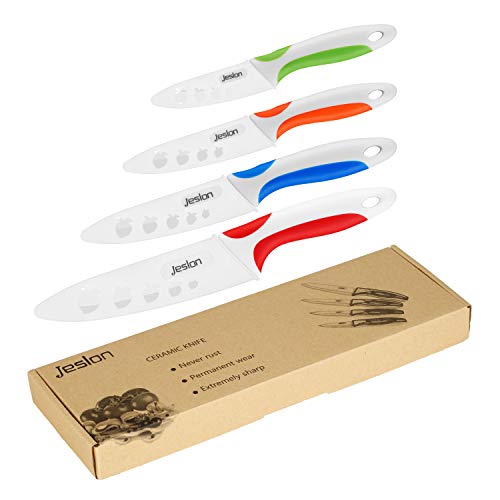 Jeslon Cuchillos de Cerámica Set 4 Piezas Cuchillos de Cocina incluir 6'' cuchillo de pan, 6''Chef cuchillo, 5'' utilidad/cortar, 4'' cuchillo de fruta