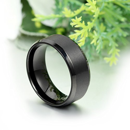 JewelryWe Anillo de Hombre Mujer Unisex, 8mm Anillo Clásico de Boda Compromiso, Acero Inoxidable, Estilo Mecánico Minimalista (Negro, 8)