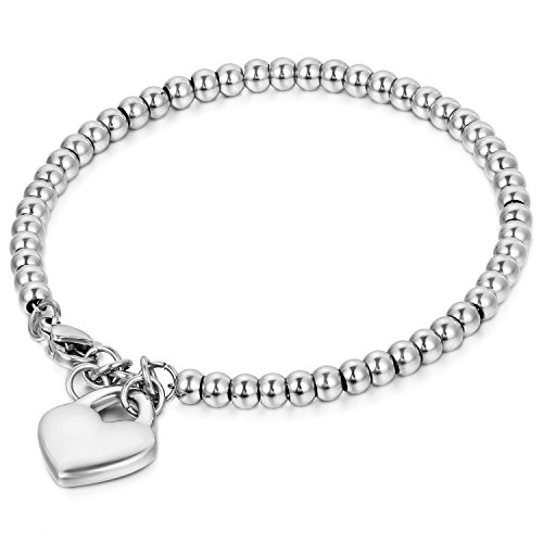 JewelryWe Joyería Pulsera De Suerte para Mujer, Acero Inoxidable Pulido, Bolas Bolitas Estilo Sencillo, Colgante Corazón Dulce para la Buena Fortuna, Color Oro Rosa Plata,Regalo Dia de la Madre