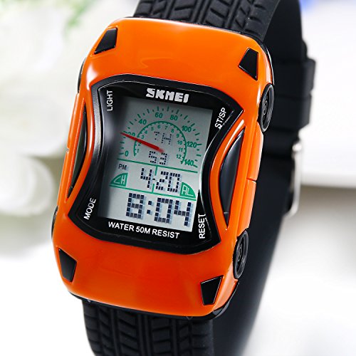 JewelryWe Relojes Deportivos para Niños Niñas Coche Reloj de Infantil de Dibujos Animados para Niños Reloj de Juguete, 5ATM A Prueba de Agua, Naranja