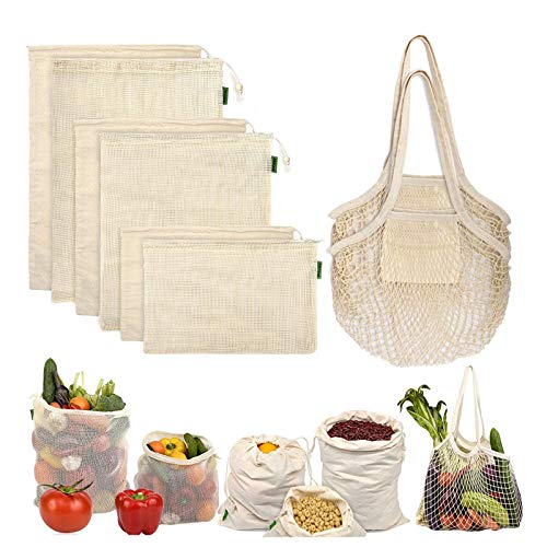 JF-eng Reutilizables Ecológicas Bolsas de Comida para Fruta, Bolsas Malla Lavable Orgánico de Compras, Bolso Mano, Bolso Amacenamiento (8 Set)