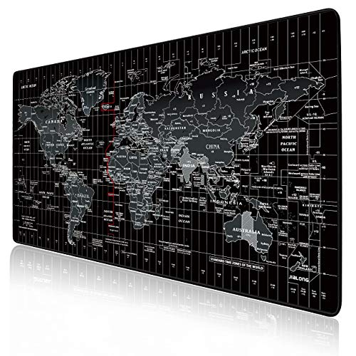 JIALONG Alfombrilla Raton Multifuncional Grande Gaming Mouse Pad XXL 900x400mm, Lavable, Antideslizante Diseñada para Gamers, Trabajo de Oficina - Negro Mapa Mundi