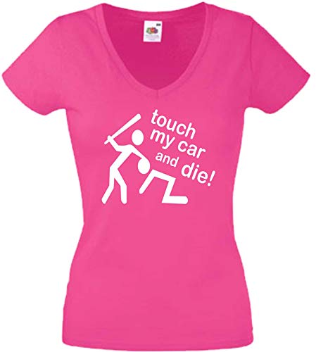 JINTORA Camiseta T-Shirt - Mujer Rosa - V-Cuello - L - Toca mi Auto y el - JDM/Die Cut - para Fiesta Carnaval Carnaval Laboral Deportes