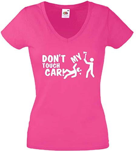 JINTORA Camiseta T-Shirt - Mujer Rosa - V-Cuello - XL - No toques mi Auto - JDM/Die Cut - para Fiesta Carnaval Carnaval Laboral Deportes