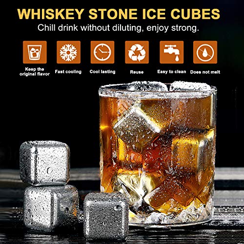 JOEVOT Cubitos de Hielo Reutilizables de Acero Inoxidable Whisky Piedras - No más diluciones de Bebidas - Incluye Pinzas, Cuchara y Posavasos Accesorios para Bar, Fiestas - Hielos Reutilizables