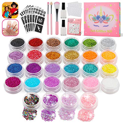 Jojoin Kit de Tatuajes Temporales para Niños, Tatuajes Temporales con 28 Colores Brillos de Tatuaje, 137 Plantillas, 5 Pegatinas de Uñas, 3 cepillos, Perfecto para Niños/Fiesta/Eventos/Cumpleaños